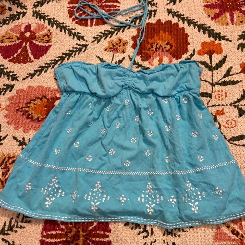 Blue Embroidered Halter Top